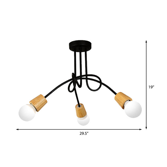 Loft Style Metal Ceiling Light With Open Bulb & Twisted Arm – 3/5 Lights Wood Accent Perfect For