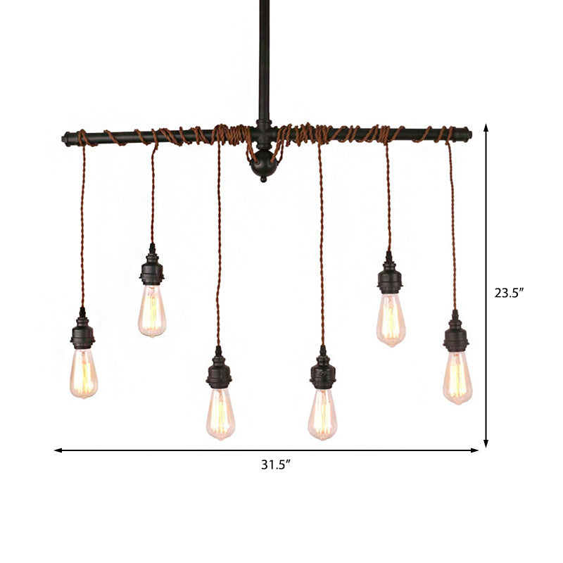 Vintage 6-Light Tubing Pendant Lamp Black Finish With Hanging Bulb - Indoor Ceiling Light Fixture