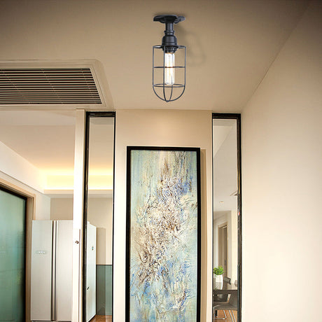 Vintage Wire Guard Ceiling Light For Corridors - Black/Bronze Semi-Flush Mount With 1 Bulb Black