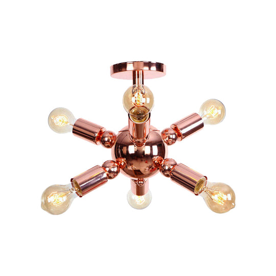 Vintage Copper Finish 6/9 Lights Starburst Semi Flush Ceiling Light For Bedroom
