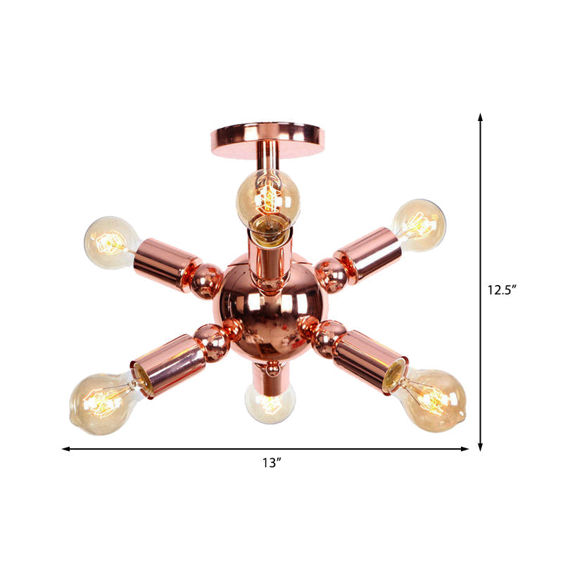 Vintage Copper Finish 6/9 Lights Starburst Semi Flush Ceiling Light For Bedroom