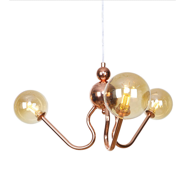 Industrial Copper 3-Light Chandelier With Clear/Amber Glass Globes Dining Room Pendant Fixture