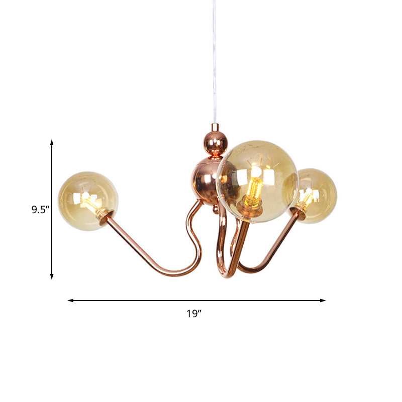 Industrial Copper 3-Light Chandelier With Clear/Amber Glass Globes Dining Room Pendant Fixture