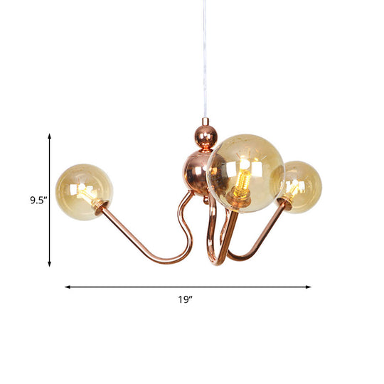 Industrial Copper 3-Light Chandelier With Clear/Amber Glass Globes Dining Room Pendant Fixture