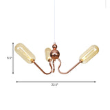 Copper Industrial Chandelier With 3 Clear/Amber Glass Lights For Dining Room Pendant
