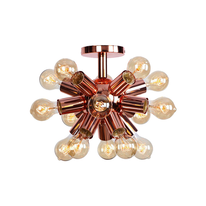 Vintage Copper Starburst Ceiling Light With Bare Bulb - Ideal For Restaurants (6/9 Heads)