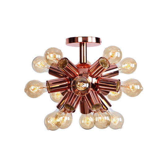 Vintage Copper Starburst Ceiling Light With Bare Bulb - Ideal For Restaurants (6/9 Heads)