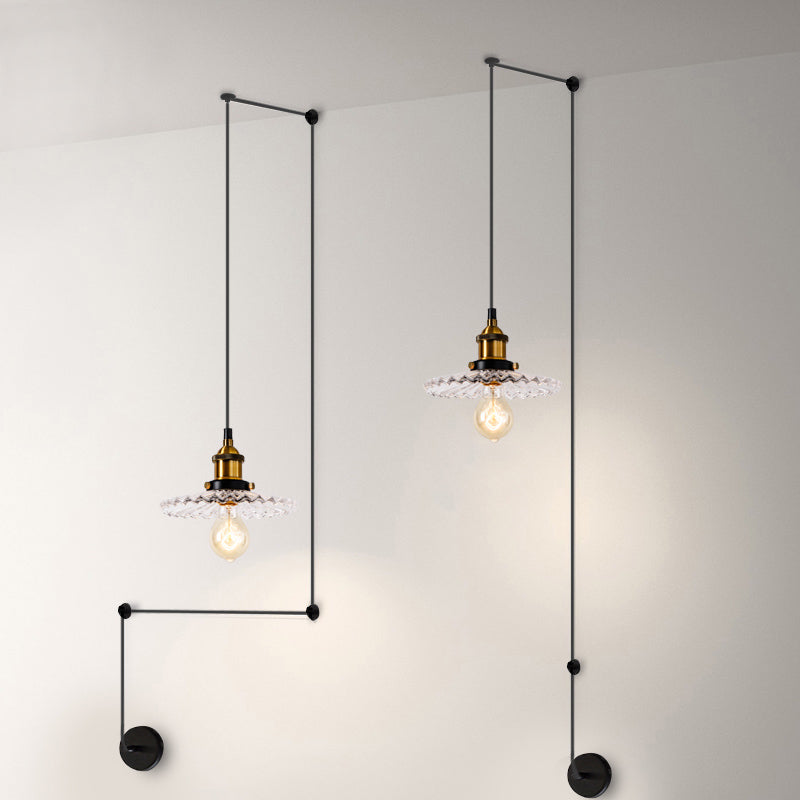 Industrial Ribbed Glass Cone Hanging Lamp - Brass Pendant Light For Indoor