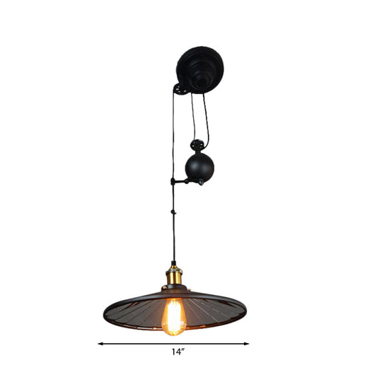 Vintage Retro Black Metal Suspension Lamp With Conic Shade - Pulley Ceiling Fixture