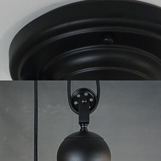 Vintage Retro Black Metal Suspension Lamp With Conic Shade - Pulley Ceiling Fixture