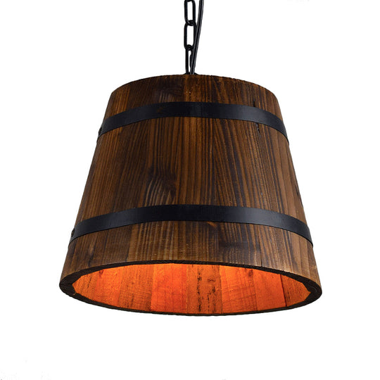 Retro Single Head Wood Bucket Hanging Light In Brown For Restaurants