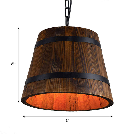 Retro Single Head Wood Bucket Hanging Light In Brown For Restaurants