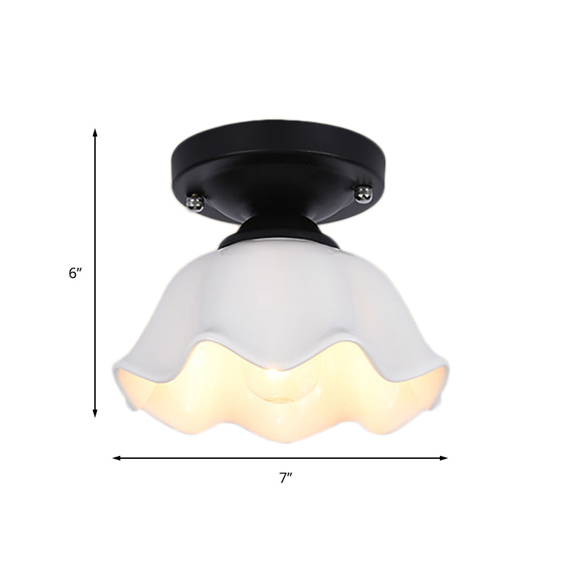Milky Glass Industrial Living Room Light Fixture - Scalloped Semi Flush Black Finish +
