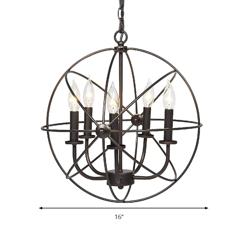 Vintage Metal Strap Globe Chandelier Pendant Light - 5 Bulb Hanging Lamp In Black Ideal For