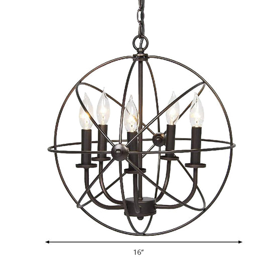 Vintage Metal Strap Globe Chandelier Pendant Light - 5 Bulb Hanging Lamp In Black Ideal For