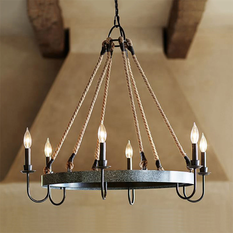Vintage 6-Head Candle Chandelier Pendant Lamp In Black/Rust For Restaurants