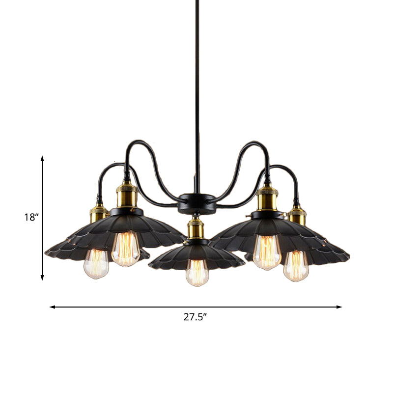 Industrial Metal Chandelier With Scalloped Design - Black Finish 5 Heads Indoor Pendant Lighting