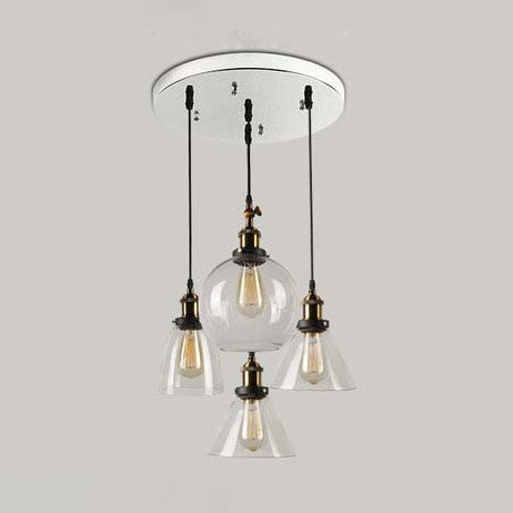 4-Light Clear Glass Cluster Pendant In Aged Brass Modern Hanging Light With Unique Shades -