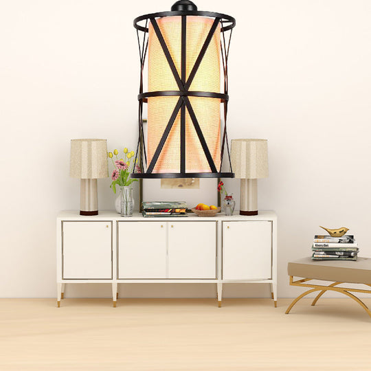 Antique Black Cylinder Pendant Light With Clear Glass/Fabric Shade - Elegant Living Room Ceiling