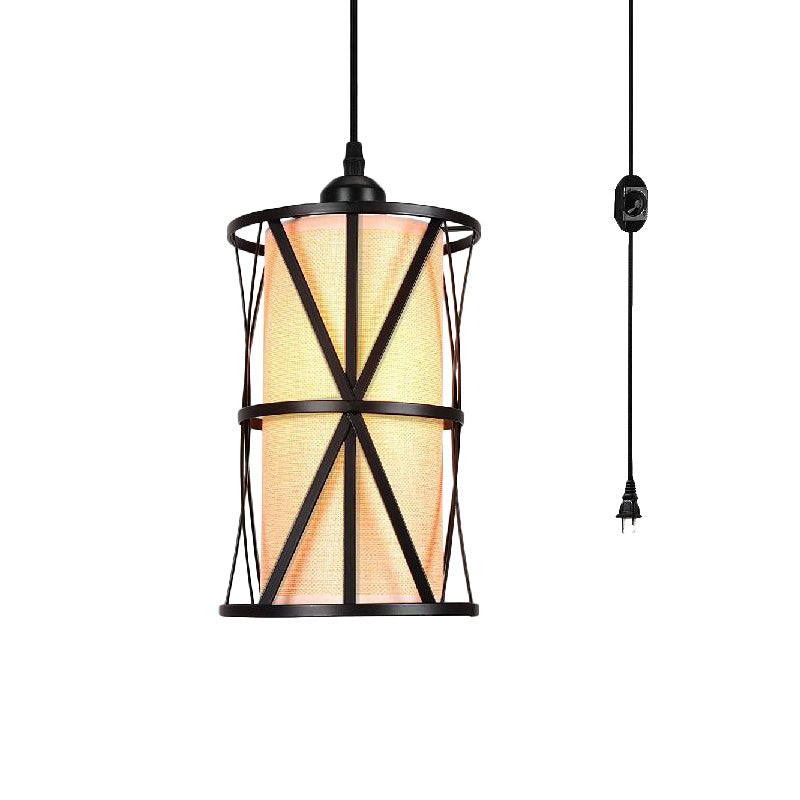 Antique Black Cylinder Pendant Light With Clear Glass/Fabric Shade - Elegant Living Room Ceiling