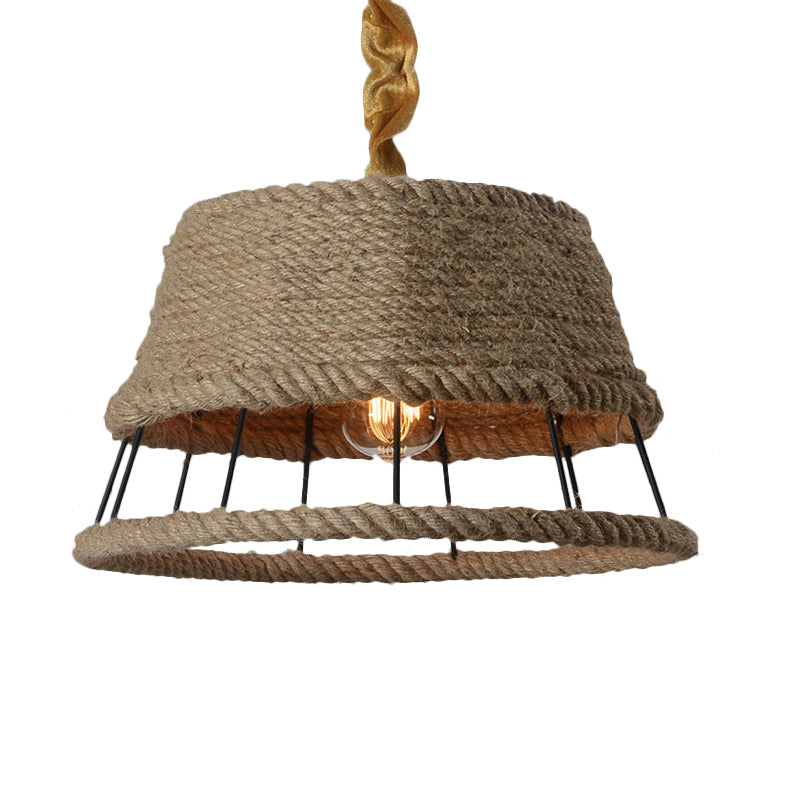 Hemp Rope Beige Pendant Light With Metal Cage Shade - Lodge Hanging Fixture For Restaurant