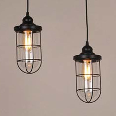 Caged Industrial Pendant Light With Black Clear Glass Bulbs - Linear/Round Canopy Kit 2 / Linear