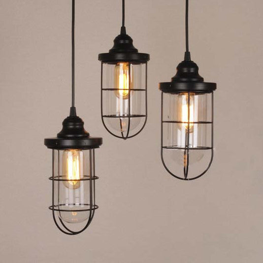 Industrial Black Clear Glass Pendant Light Kit With Caged Multiple Lamps - 2/3 Bulbs Linear/Round
