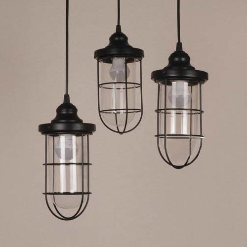 Industrial Black Clear Glass Pendant Light Kit With Caged Multiple Lamps - 2/3 Bulbs Linear/Round