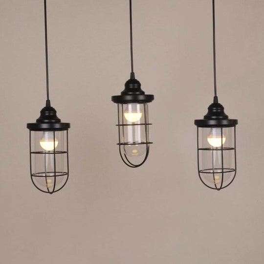 Industrial Black Clear Glass Pendant Light Kit With Caged Multiple Lamps - 2/3 Bulbs Linear/Round