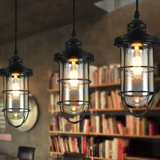 Industrial Black Clear Glass Pendant Light Kit With Caged Multiple Lamps - 2/3 Bulbs Linear/Round