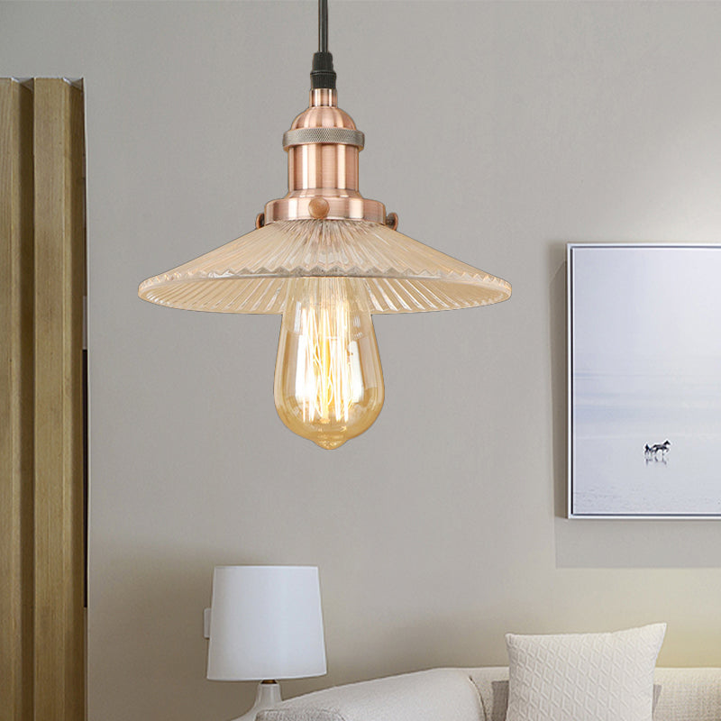 Ribbed Glass Cone Pendant Light Fixture For Dining Room - 1-Light Factory Brass/Copper Finish Copper