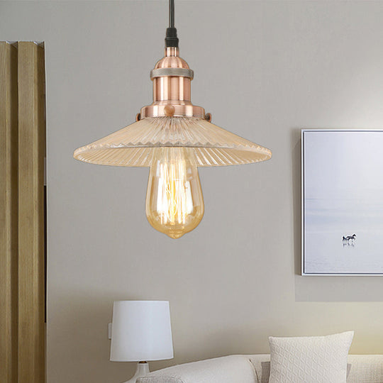 Ribbed Glass Cone Pendant Light Fixture For Dining Room - 1-Light Factory Brass/Copper Finish Copper