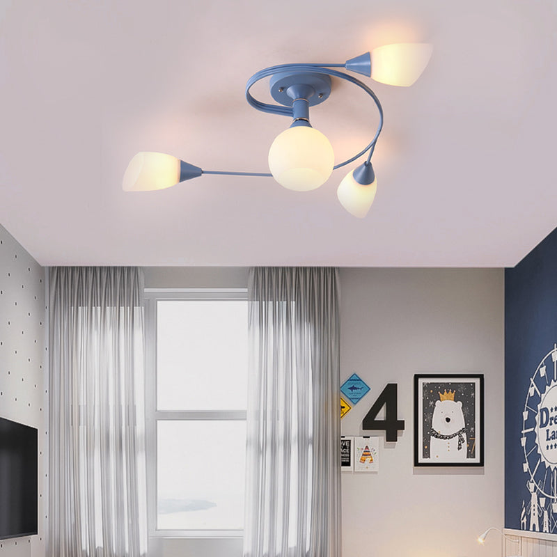 Curly Semi Flush Mount Ceiling Lamp With Nordic Iron & White Glass Shade - 4/6 Head Options In Grey