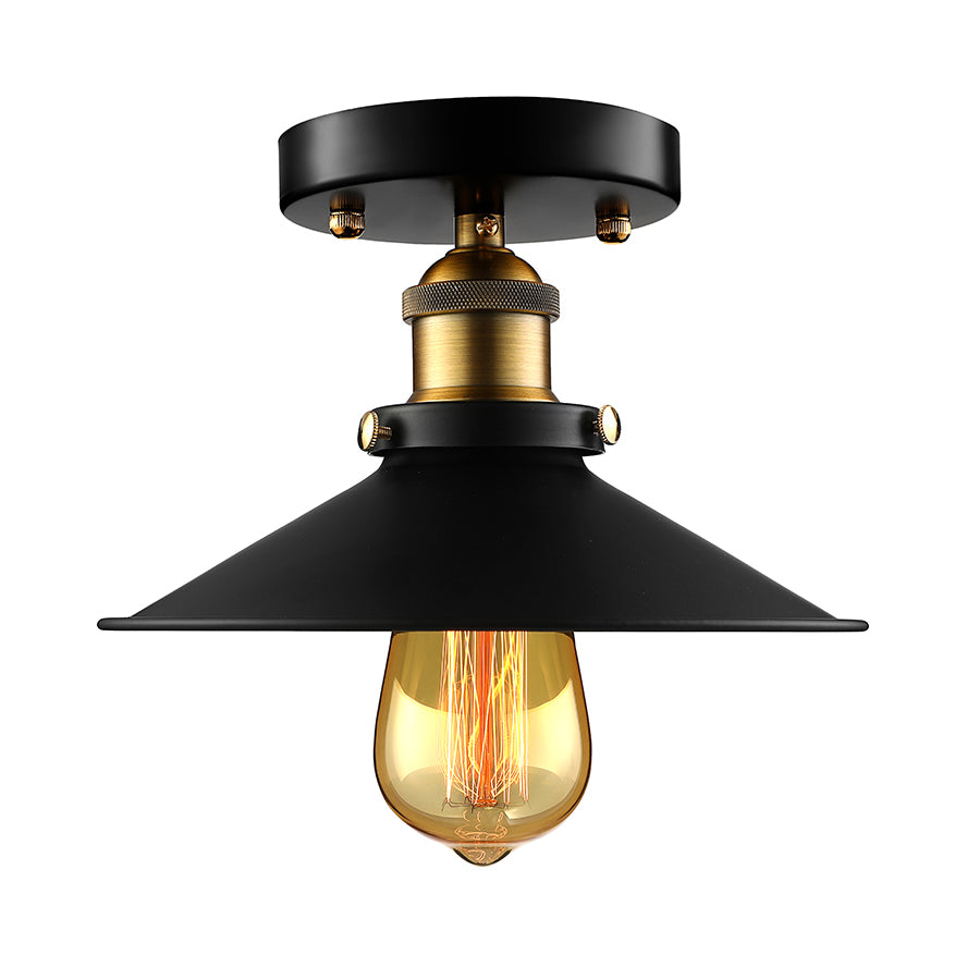 Retro Metallic Semi Flush Mount Ceiling Light - Black/Rust Cone Shade 1 Head Close To Lighting For