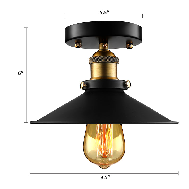 Retro Metallic Semi Flush Mount Ceiling Light - Black/Rust Cone Shade 1 Head Close To Lighting For