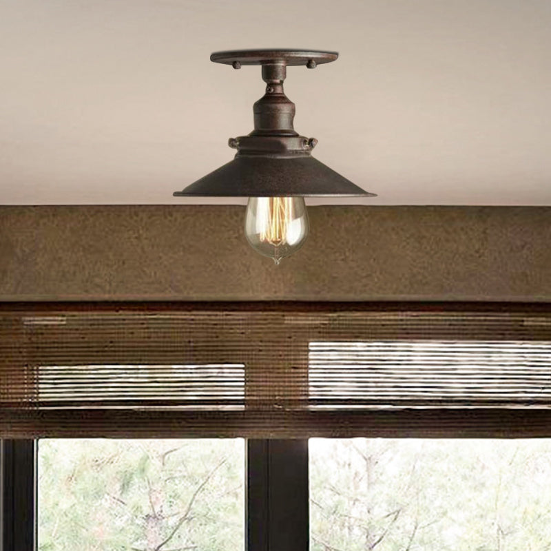 Retro Metallic Semi Flush Mount Ceiling Light - Black/Rust Cone Shade 1 Head Close To Lighting For