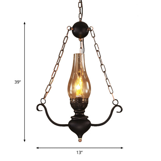1-Head Farmhouse Pendant Lamp Kit With Chain Decor – Clear Glass Elongated Design Black Finish