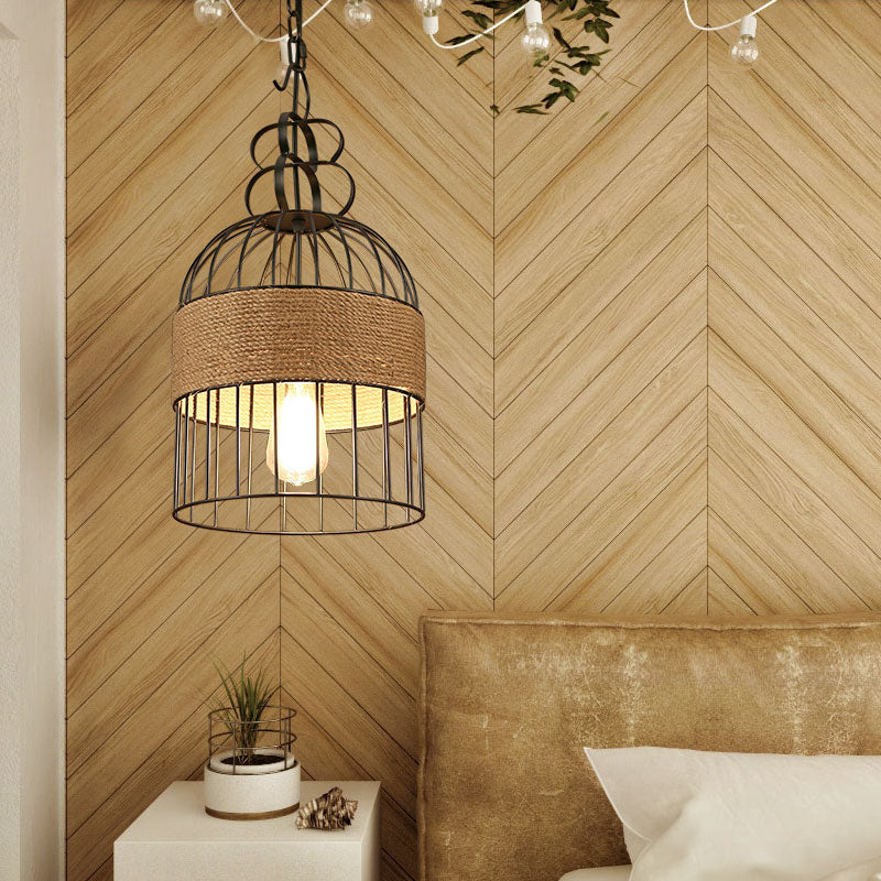 Black Metal & Rope Bird Cage Pendant Lamp For Restaurants