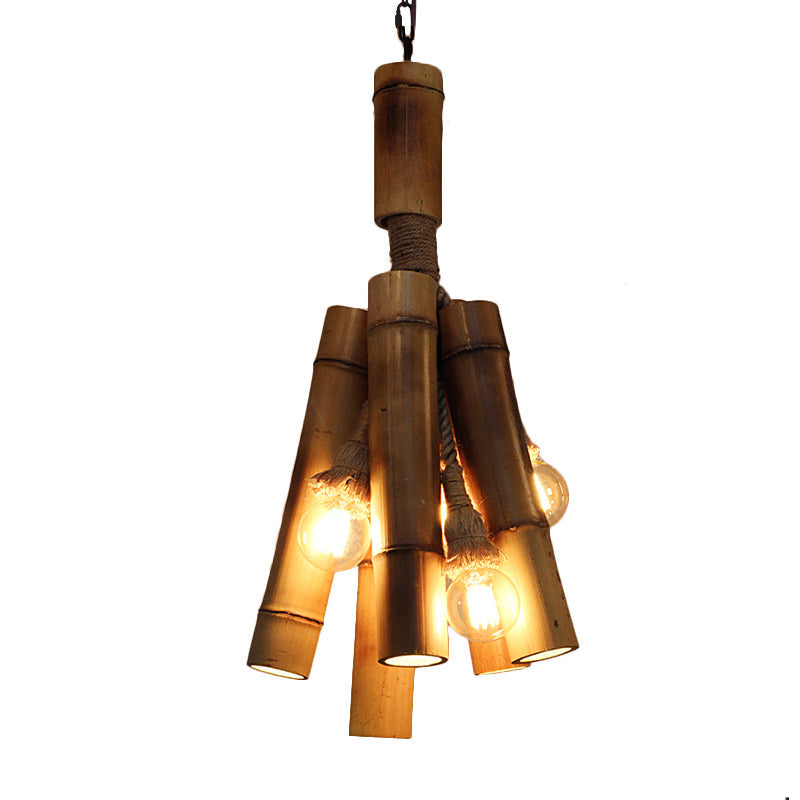 Industrial Beige Wood Tube Hanging Lamp: Charming Three-Light Chandelier For Restaurants & Bedrooms