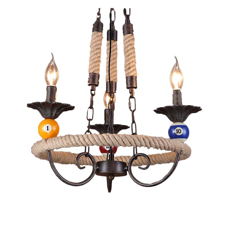 Industrial Metal Hanging Lamp: Roped Ring Bar 3/6 Lights Rust Chandelier With Billiard Ball