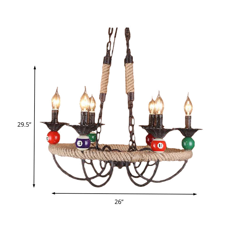 Industrial Metal Hanging Lamp: Roped Ring Bar 3/6 Lights Rust Chandelier With Billiard Ball