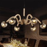Industrial Beige Rope Chandelier With Tan Glass Shades - 6 Head Ceiling Light For Bars
