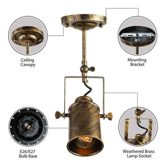 Vintage Style Bronze/Gold Finish Semi Flush Mount Ceiling Light With Cylindrical Shade Ideal For