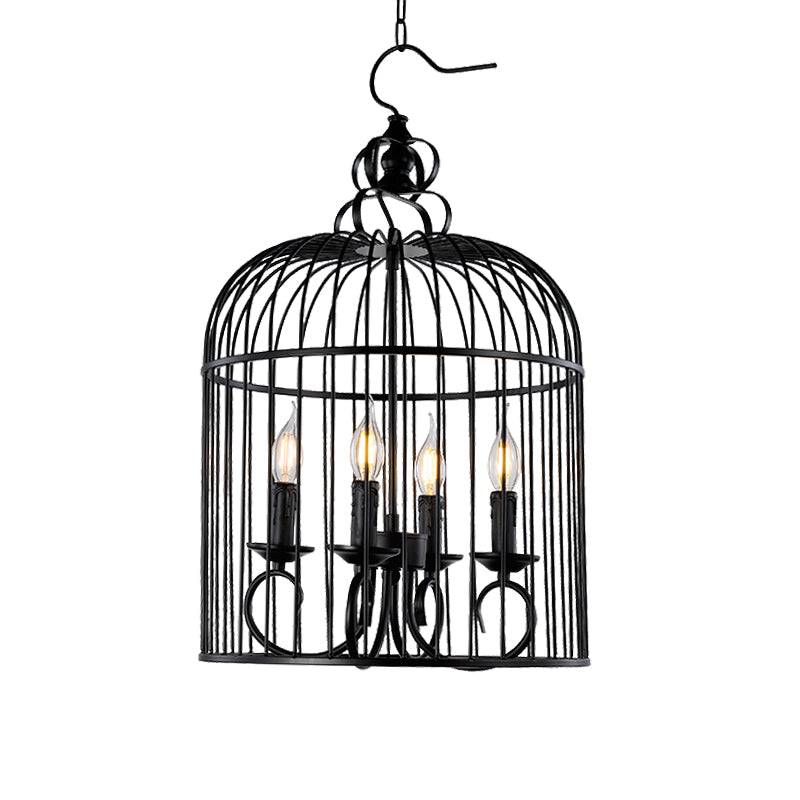 Farmhouse Birdcage Design Hanging Chandelier Lamp - 4-Head Metallic Fixture With Candle In Elegant
