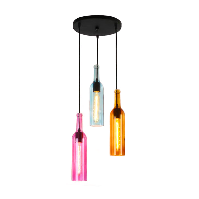 Industrial 3/5-Head Glass Wine Bottle Hanging Light For Restaurants - Black Pendant Lamp With