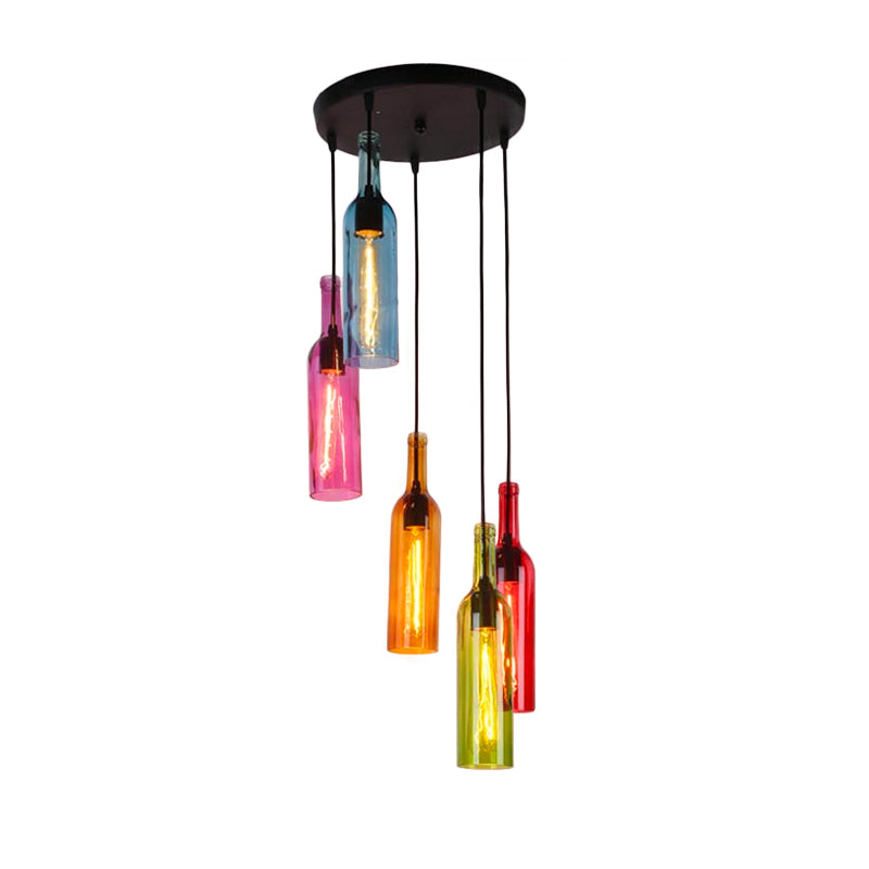 Industrial 3/5-Head Glass Wine Bottle Hanging Light For Restaurants - Black Pendant Lamp With