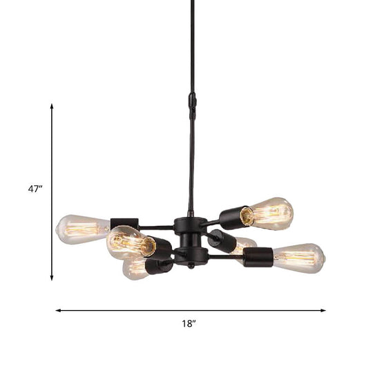 Antique Style Black Metal Chandelier With 6 Exposed Bulb Heads - Table Pendant Lamp