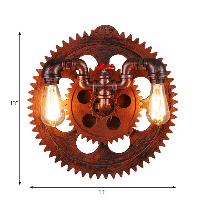 Vintage Style 2-Light Farmhouse Wall Sconce With Iron Exposed Bulbs Copper Finish And Gear