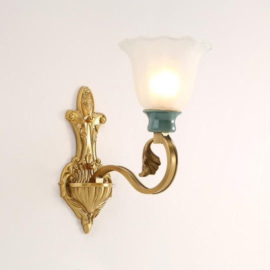 Milky Glass Brass Wall Sconce With Ginkgo Leaf Decor - Traditional Scroll Arm Lighting Fixture