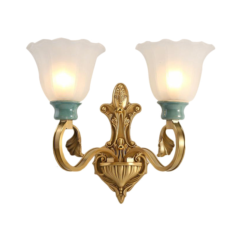 Milky Glass Brass Wall Sconce With Ginkgo Leaf Decor - Traditional Scroll Arm Lighting Fixture